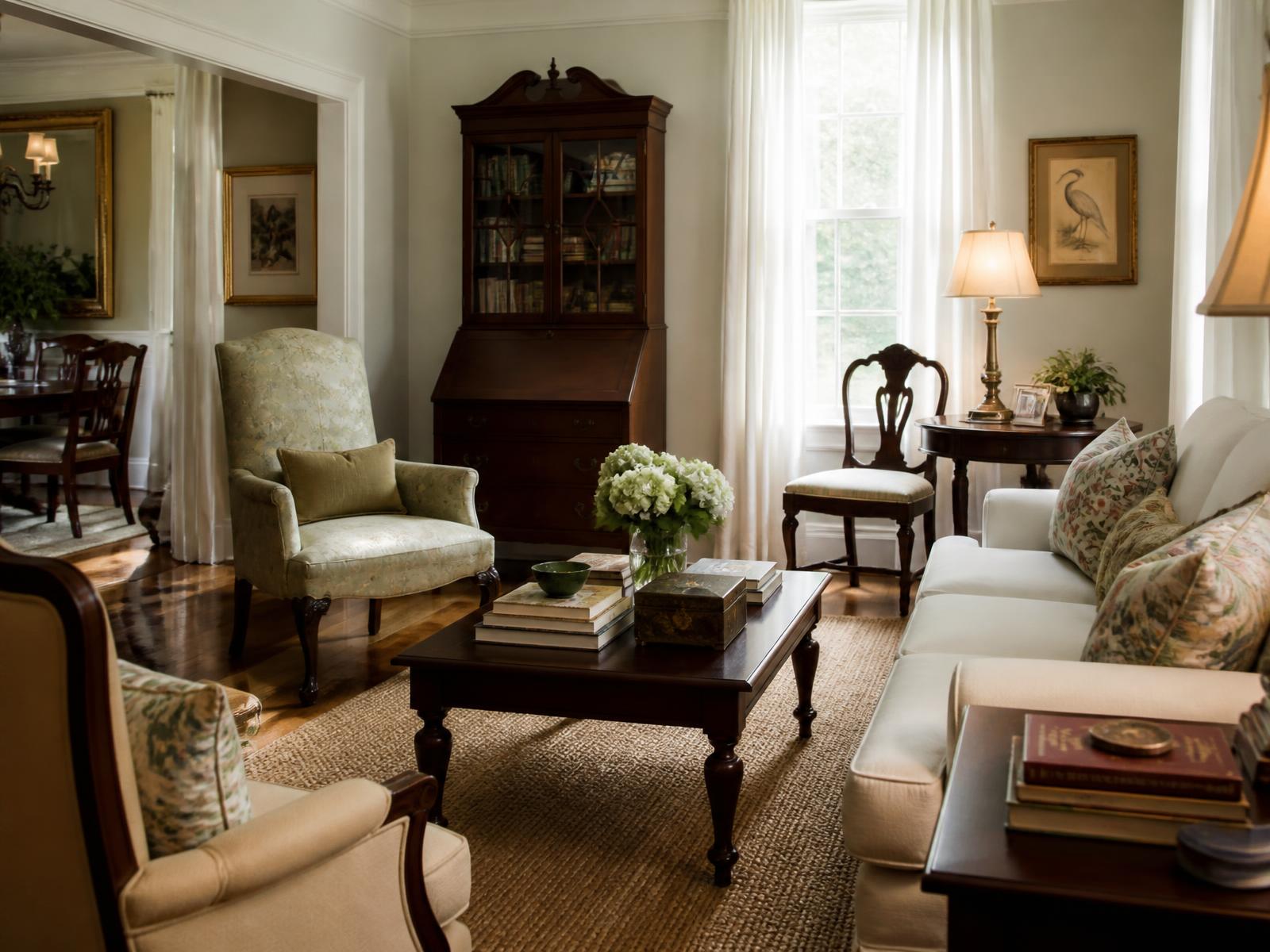 A warm, well kept living room in an established Triad home with wood floors and window light