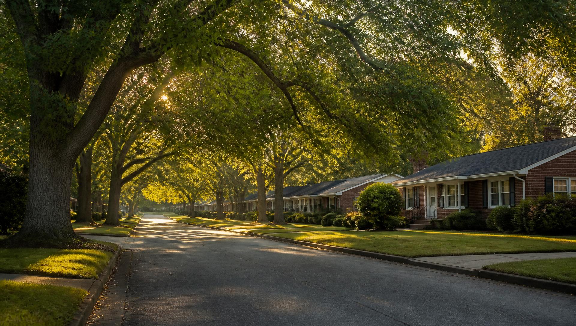 A quiet tree-lined street of one-level brick homes in late afternoon light